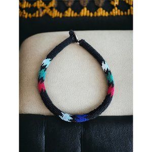 Vintage Hand Beaded African Necklace Round 16” Black Red Blue White Green Boho